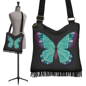 Watercolor Green and Purple Butterfly Boho Bag With Fringe