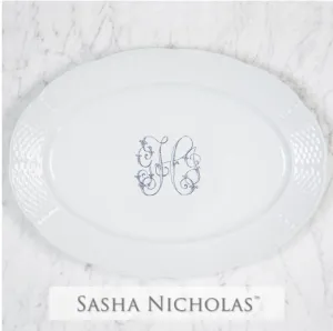 Weave White Oval Platter With Stag And One Letter Monogram 14"