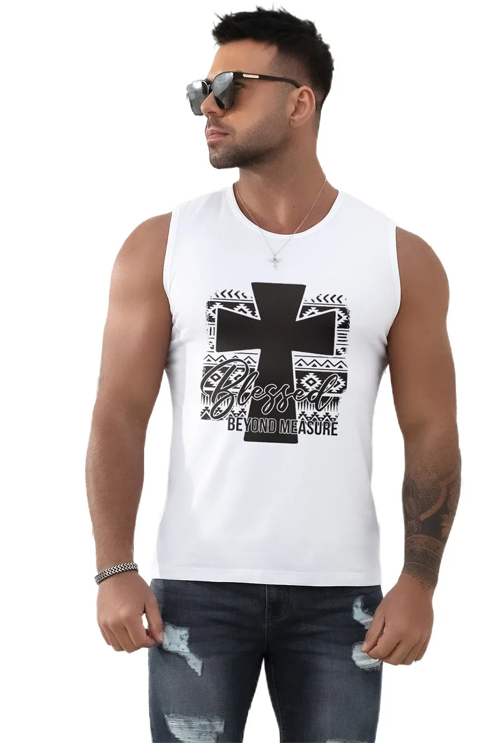 White Aztec Cross Letter Graphic Printed Men's Tank Top