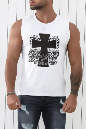 White Aztec Cross Letter Graphic Printed Men's Tank Top