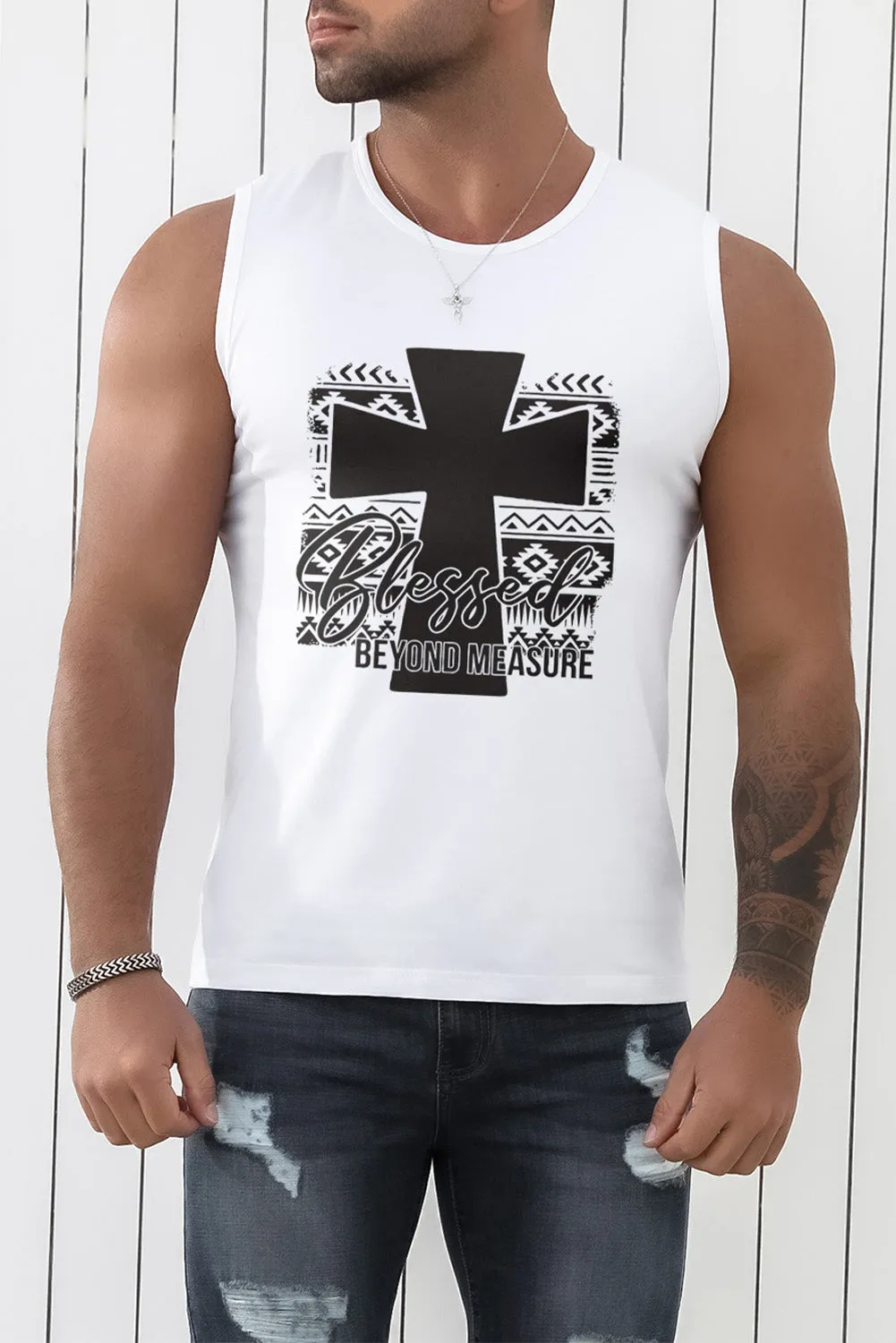 White Aztec Cross Letter Graphic Printed Men's Tank Top