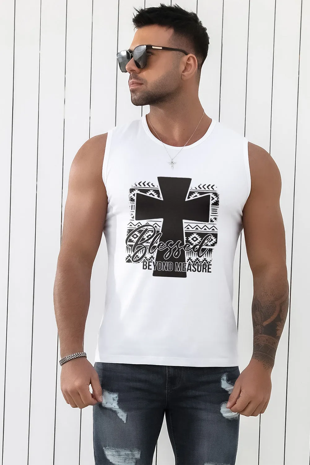 White Aztec Cross Letter Graphic Printed Men's Tank Top