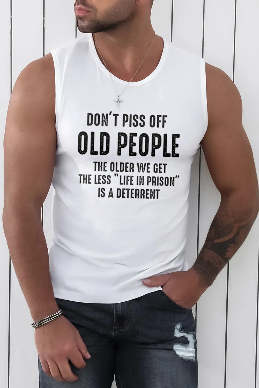 White OLD PEOPLE Letter Print Muscle Fit Men's Tank Top