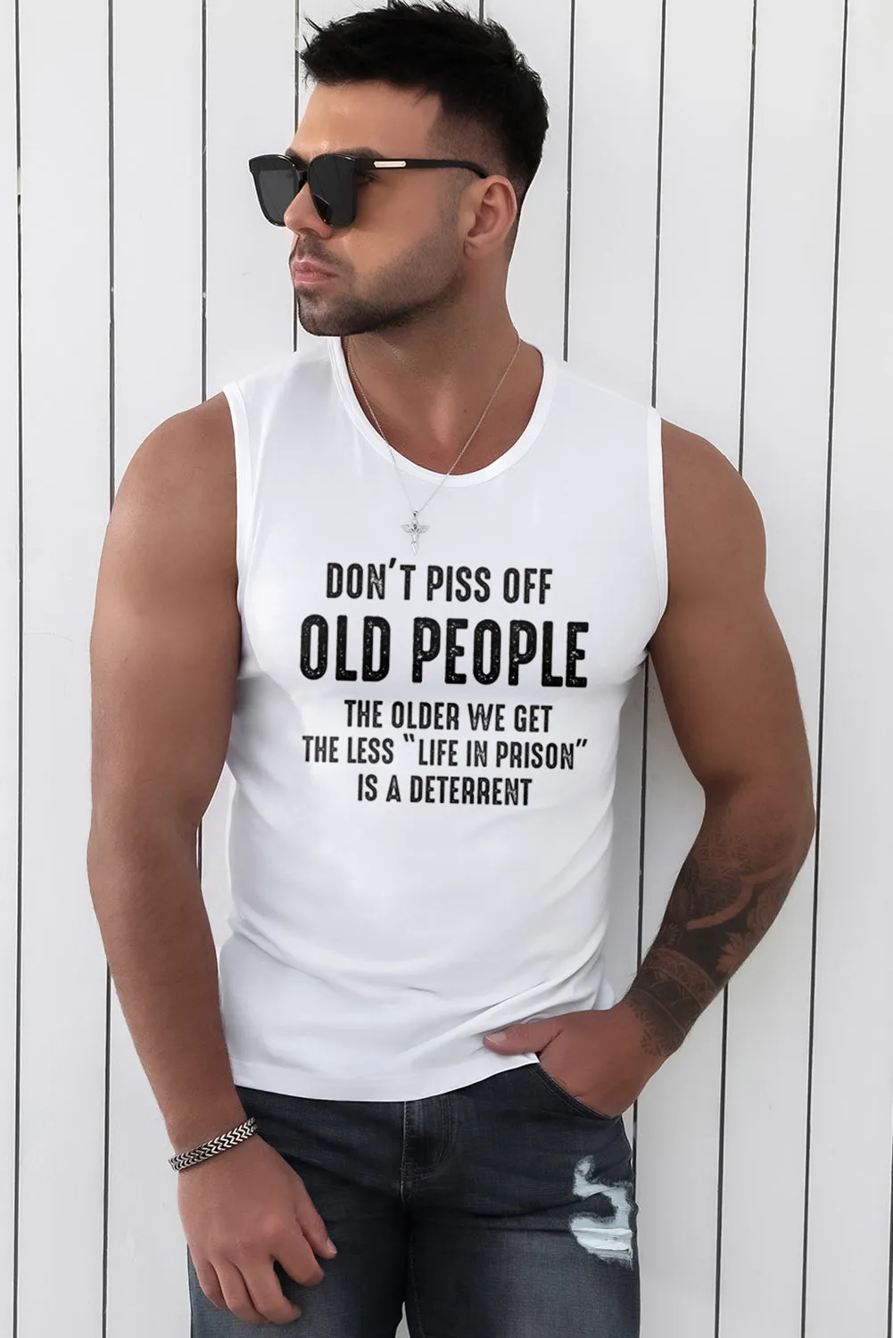 White OLD PEOPLE Letter Print Muscle Fit Men's Tank Top