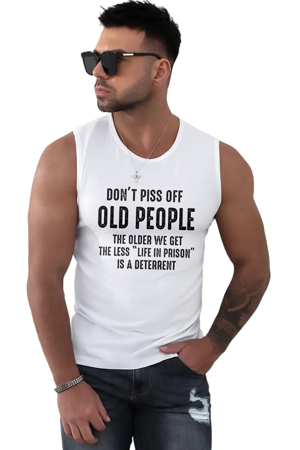 White OLD PEOPLE Letter Print Muscle Fit Men's Tank Top