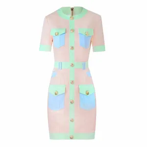 Women Short Sleeves Slim Fit Colorblock Patchwork Dress Mini Fashion Dresses