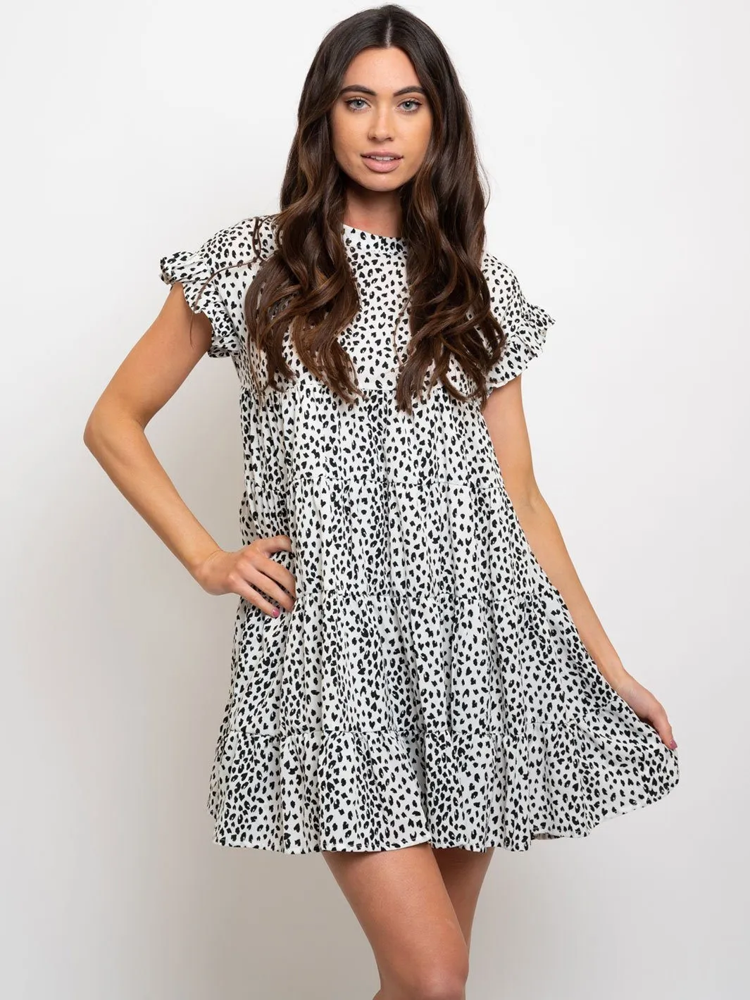 WOMEN'S PRINTED BABY-DOLL RUFFLE SLEEVE MINI DRESS