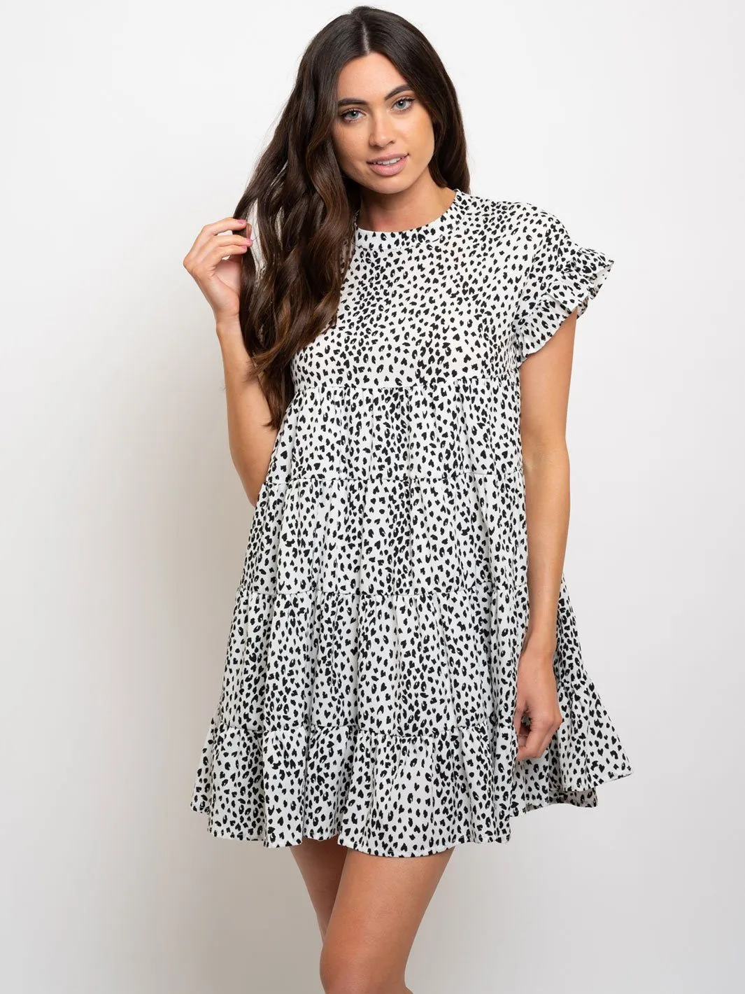 WOMEN'S PRINTED BABY-DOLL RUFFLE SLEEVE MINI DRESS