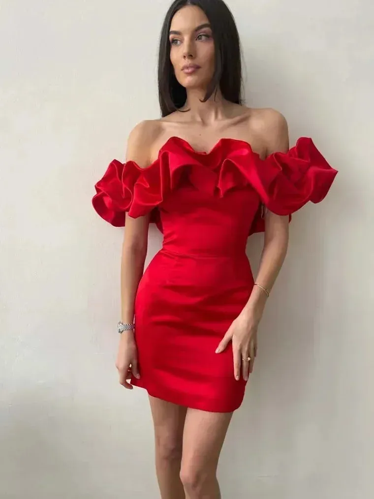 Women's Spring Summer Chic Mini Dress Ruffles Slash Neck Bodycon Package Party Prom Wedding Dress Sexy Backless Mini Evening Dress