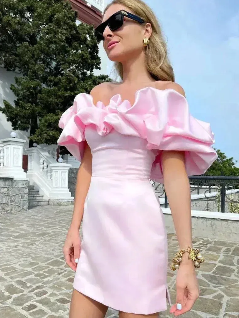 Women's Spring Summer Chic Mini Dress Ruffles Slash Neck Bodycon Package Party Prom Wedding Dress Sexy Backless Mini Evening Dress