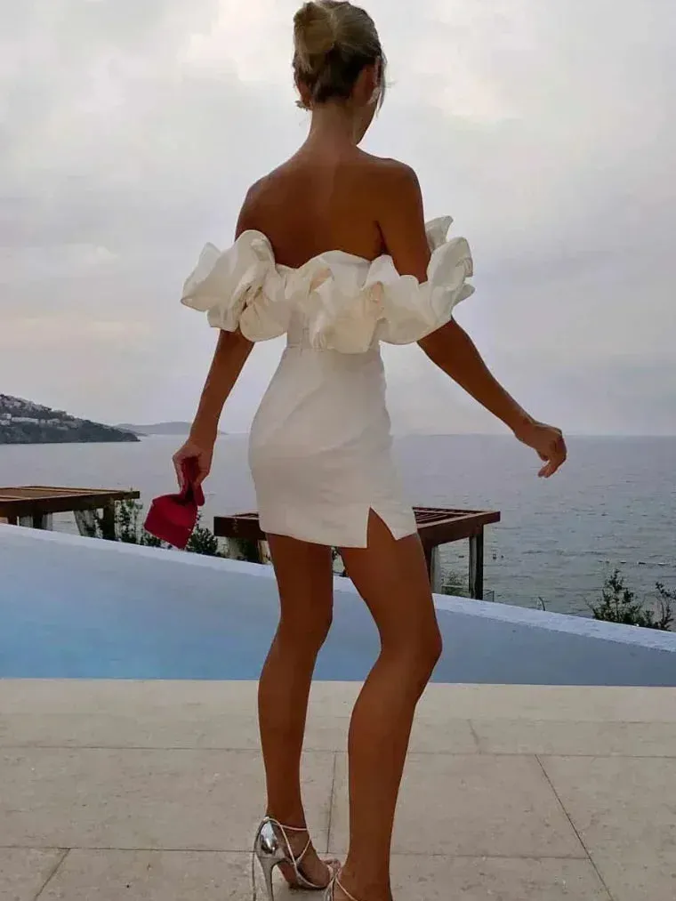 Women's Spring Summer Chic Mini Dress Ruffles Slash Neck Bodycon Package Party Prom Wedding Dress Sexy Backless Mini Evening Dress