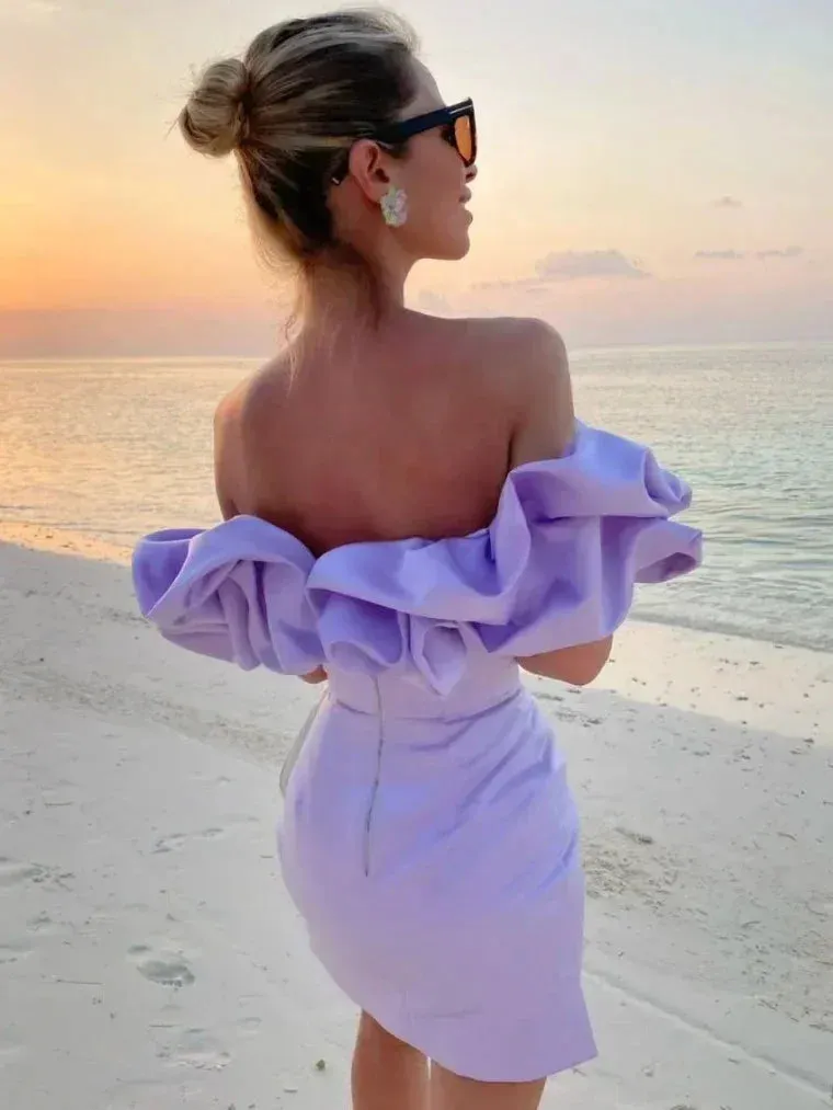 Women's Spring Summer Chic Mini Dress Ruffles Slash Neck Bodycon Package Party Prom Wedding Dress Sexy Backless Mini Evening Dress