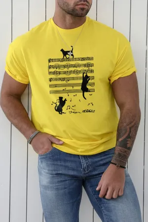 Yellow Cat Music Note Graphic Print O-neck Men's T Shirt