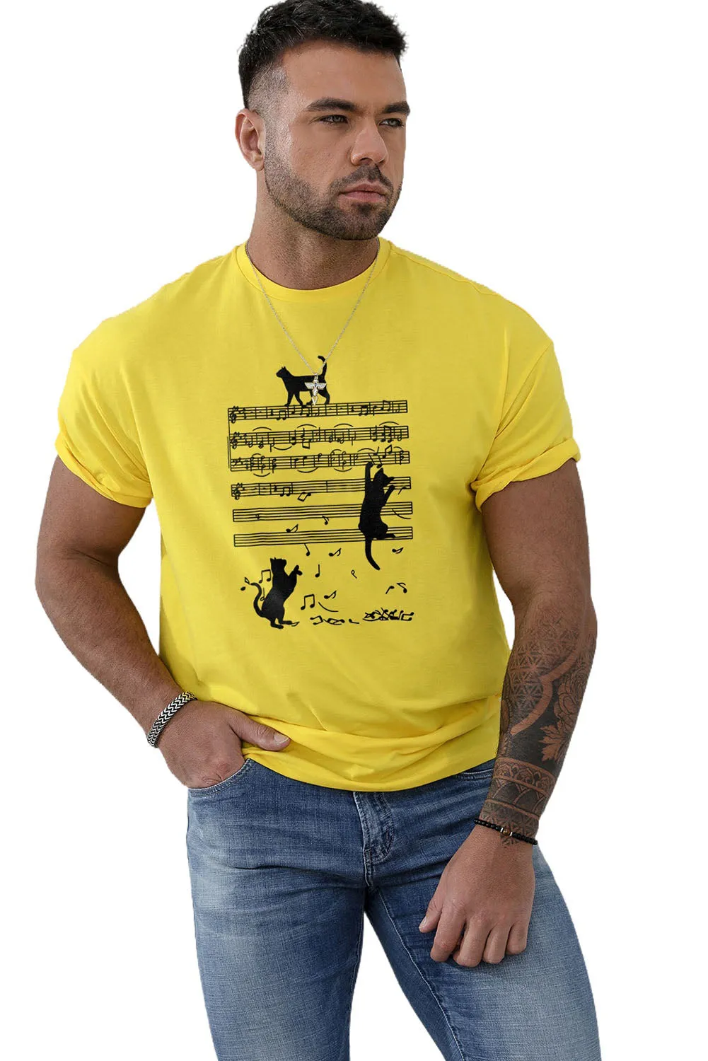 Yellow Cat Music Note Graphic Print O-neck Men's T Shirt