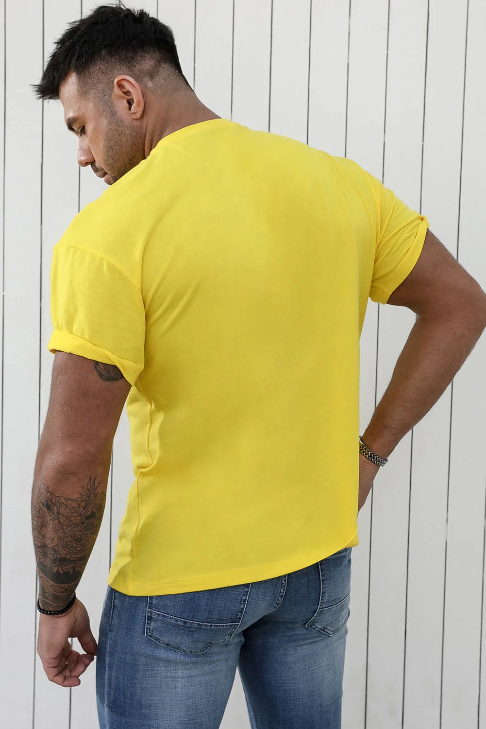 Yellow Cat Music Note Graphic Print O-neck Men's T Shirt