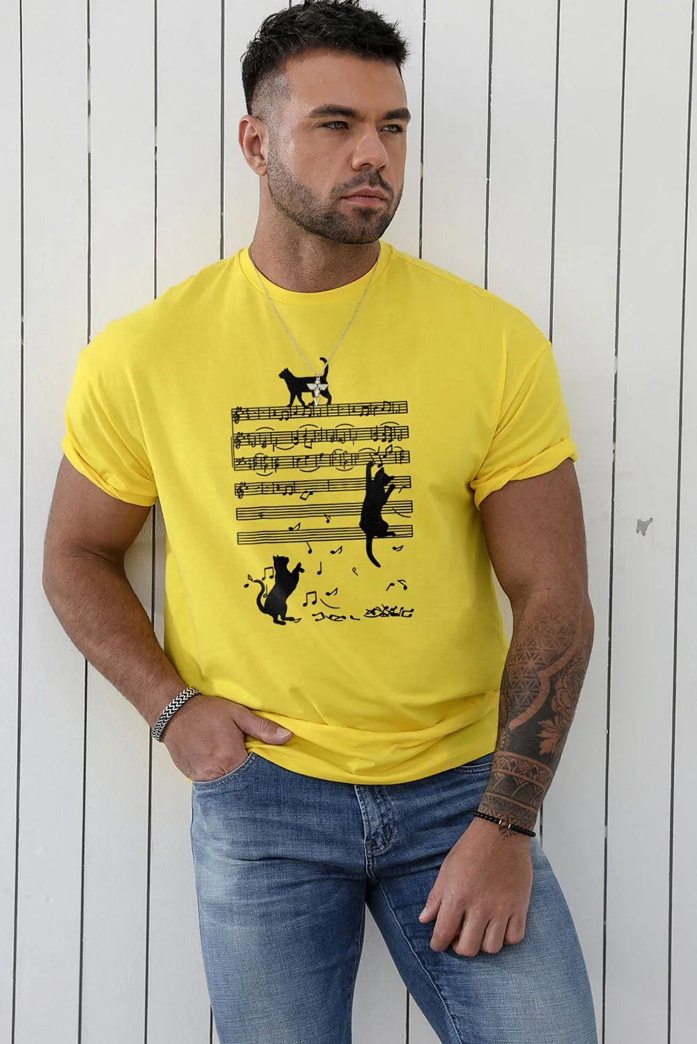 Yellow Cat Music Note Graphic Print O-neck Men's T Shirt